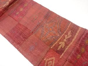 手織り真綿紬変わり格子に菱模様織出し名古屋帯